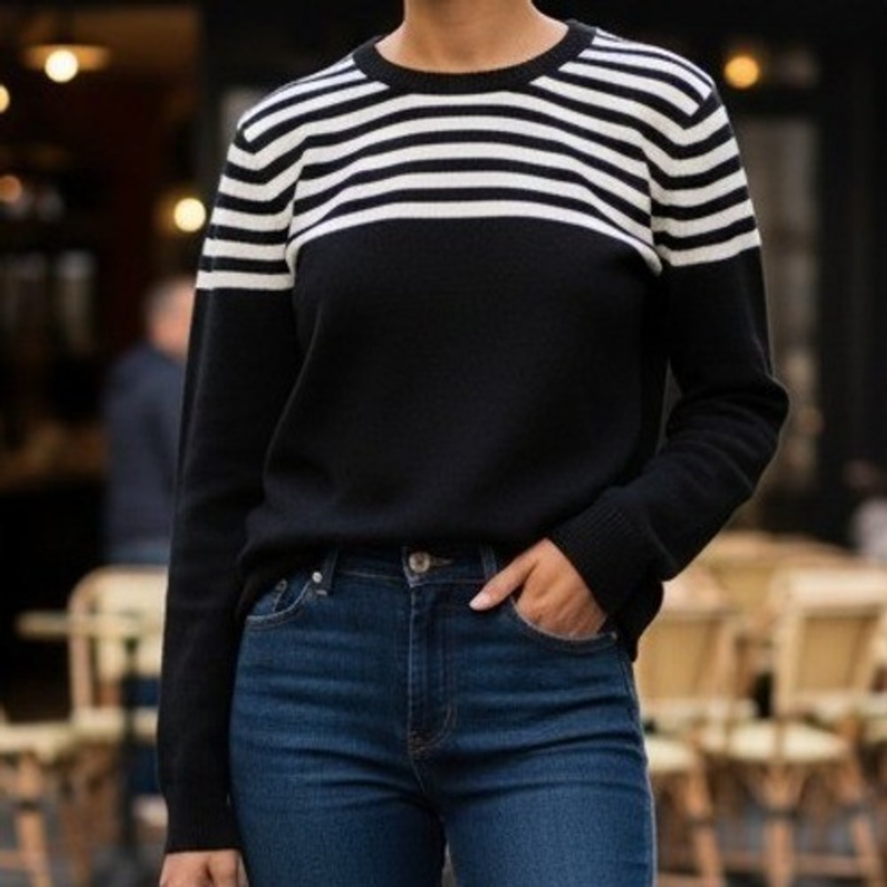 Kim Rogers Striped Yoke Sweater PL Black White Petite Nautical Preppy Cotton